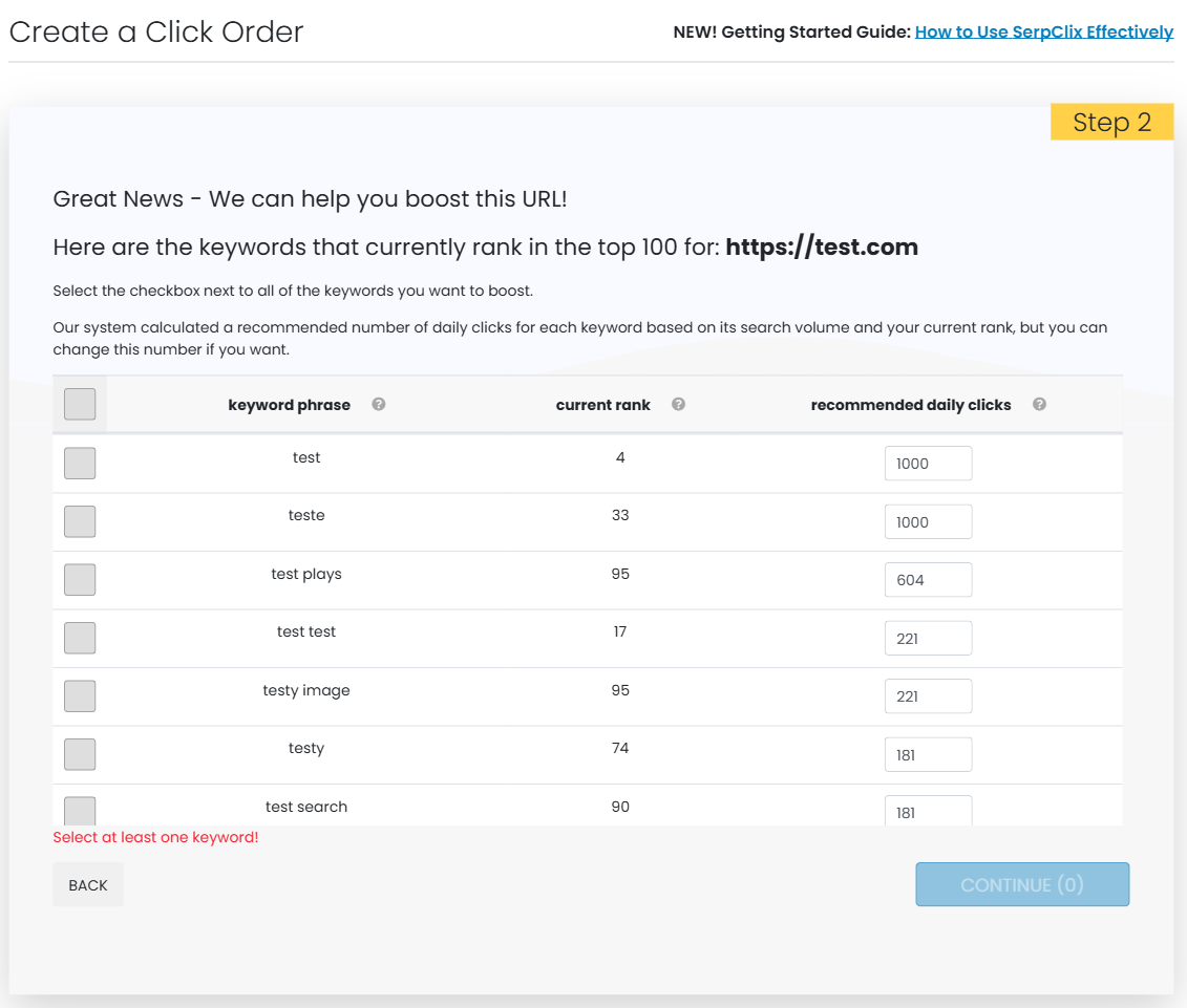 SerpClix keyword selection showing current rankings and recommended daily clicks for each keyword
